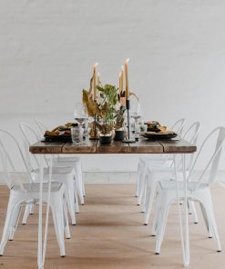 Holzbohlentisch mit Hairpin-Beinen – Eventtisch mieten